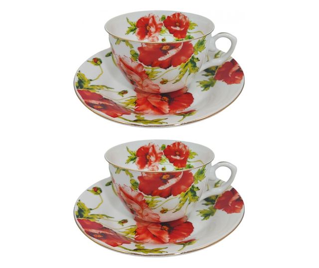 Set 2 cesti cu farfurii Poppy 180ml, Portelan fin