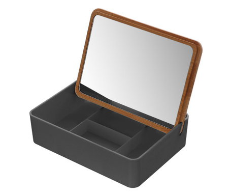 Feridras Smack négyzet alakú doboz ékszereknek/kozmetikumoknak, tükörrel, 18x13x5cm, sötétszürke színű
