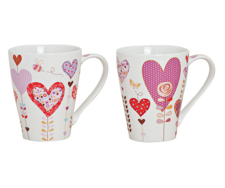 Set 2 cani ceramice, pentru cuplu, Valentine's Day, Imprimeu cu inimi, 300ml