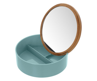 Feridras Smack kerek ékszeres/kozmetikai doboz tükörrel, kék, bambusz fedéllel