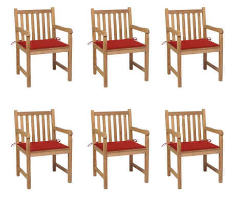 Градински столове, 6 бр, червени възглавници, тик масив