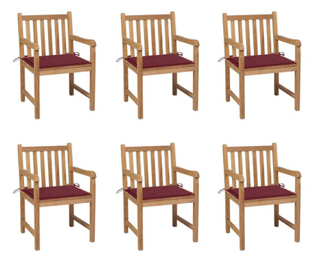 Градински столове, 6 бр, виненочервени възглавници, тик масив