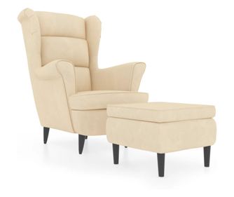 Фотьойл Wingback с табуретка, кремав, кадифе