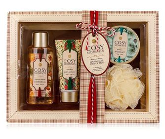 Set gel de dus 150 ml Cosy Moments cu sare de baie, lotiune de corp si buretel intr-o cutie cadou