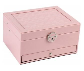 Pufo Glamour elegáns női doboz ékszerek és kiegészítők tárolására és rendszerezésére, többszintes modell, rózsaszínű