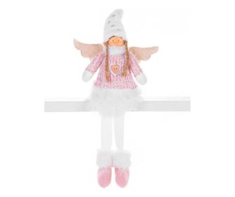 Téli dekoráció, angyal szárnyas fehér szoknyával, rózsaszín, 23x12x59 cm