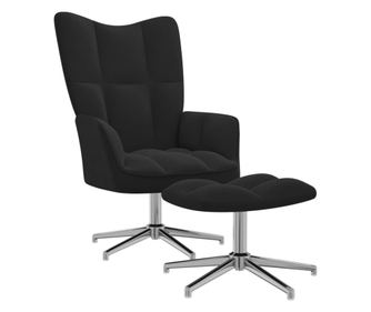 Naslanjač s taburejem, črn, žameten