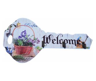 Cuier decorativ suport din lemn Pufo Welcome pentru chei, in forma de cheie, 24 cm