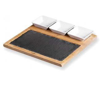 Platou din bambus cu ardezie si 3 boluri din ceramica