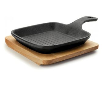 Tigaie termorezistenta tip grill din fonta, Mini Magma, cu suport din lemn de mesteacan, 14x14 cm