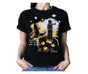 Tricou pictat manual "L'essentiel est invisible pour les yeux", negru, M