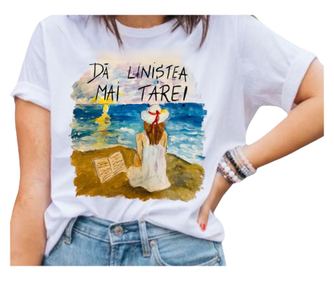 Tricou pictat manual "Da linistea mai tare", alb, L
