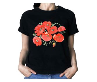 Tricou pictat manual "Poppy", negru, XS