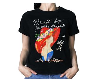 Tricou pictat manual "Plecata dupa fluturi", negru, S