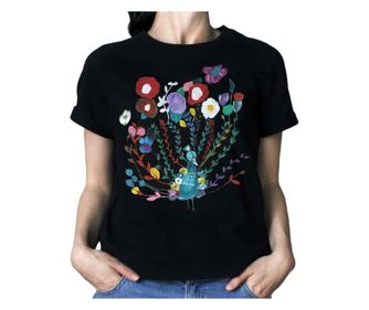 Tricou pictat manual "Paun cu flori", negru, S