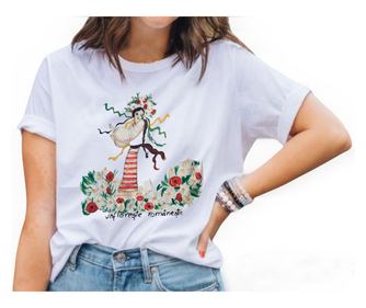 Tricou pictat manual "Infloreste romaneste", alb, L