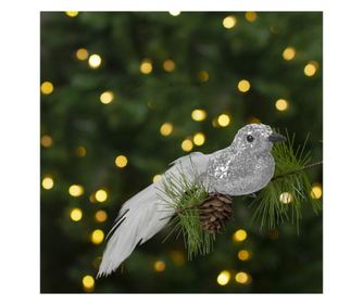 Ornament de Craciun – pasare cu sclipici – cu clema – argintie – 2 buc/pachet