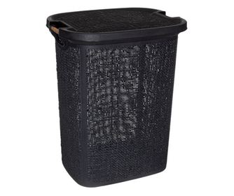 Кош за пране Hobby Life, Капак, Дървени дръжки, 46х37х57,5 см, 60 л, Пластмаса, Черен/Кафяв