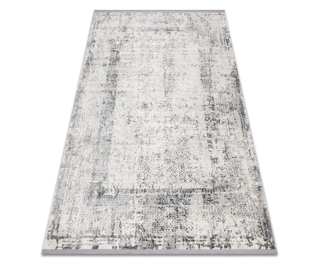 TULS Modern Textured Rug with Fringes 51324, Vintage Distressed Frame Ivory / Gray 80x150 cm