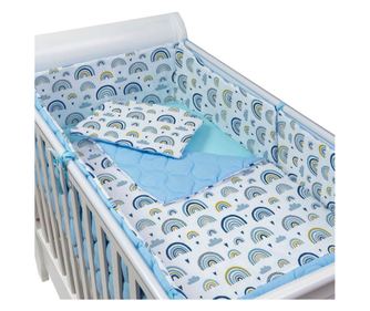 Set lenjerie matlasata 5 piese Kidizi Blue Rainbow, include perna, plapumioara, aparatoare si cearceaf