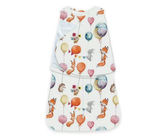 Sac de dormit bebelusi cu interior din flanel si sistem de infasare Kidizi Baloon Friends, 70 cm