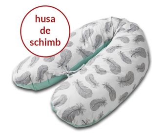 Husa bumbac detasabila pentru Perna gravide 3 in 1 Kidizi Lena, Mint Grey Feathers