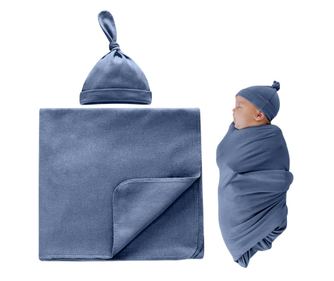 Set paturica si caciulita din bumbac pentru nou-nascut Kidizi, Petrol Blue