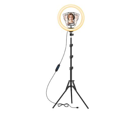 Осветление за грим Quasar & Co., LED ринг лампа с трипод, диаметър 26см, статив 67-150 см, фотография, грим