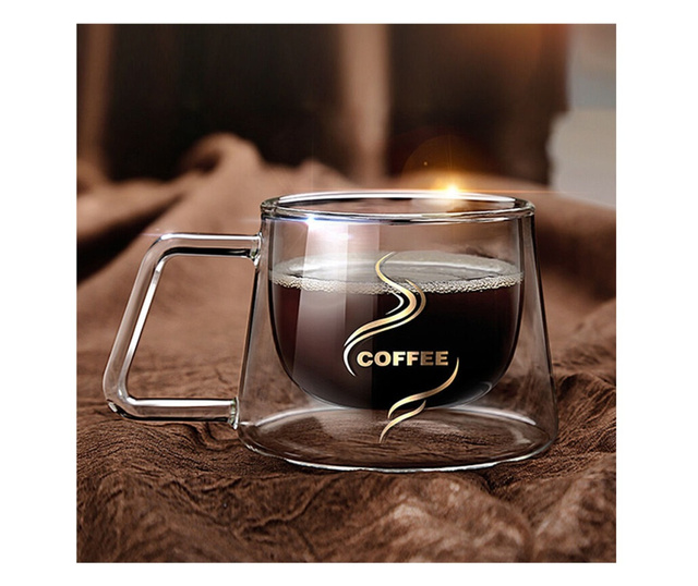 Set 4 cesti cafea, Quasar & Co.®, 200 ml, din sticla cu pereti dubli, termorezistenta, mesaj COFFEE, d 7.8 x h 7 cm