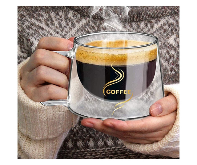 Set 4 cesti cafea, Quasar & Co.®, 200 ml, din sticla cu pereti dubli, termorezistenta, mesaj COFFEE, d 7.8 x h 7 cm