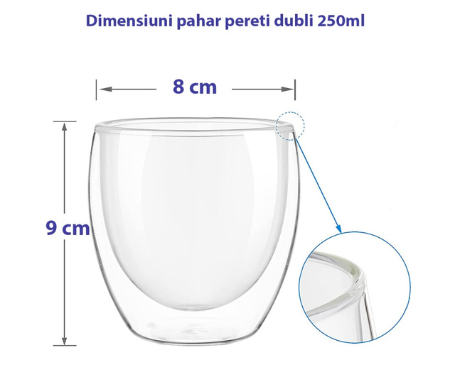 Set 4 pahare din sticla cu pereti dubli, Quasar & Co.®, 250 ml, termorezistente, design modern, h 9 cm, d 8 cm