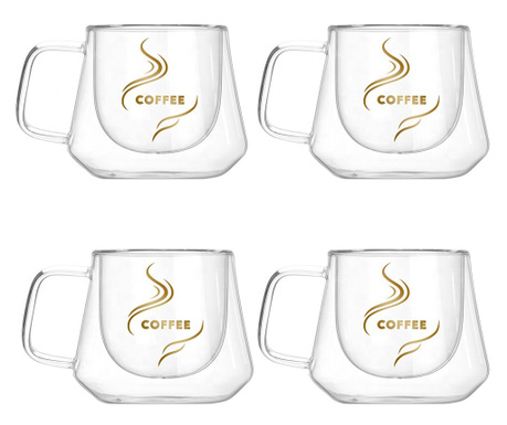 Чаши за кафе Quasar&Co., двустенна, 4 броя, термоустойчив, Прозрачен, 200 мл