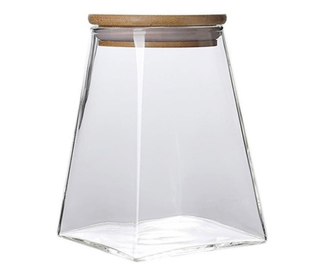 Recipient cu capac bambus Quasar & Co.®, 350 ml, borcan de sticla cu capac etans, piramidal, transparent