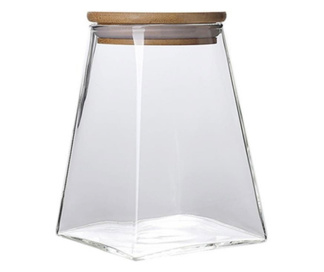 Recipient cu capac bambus Quasar & Co.®, 900 ml, borcan de sticla cu capac etans, piramidal, transparent