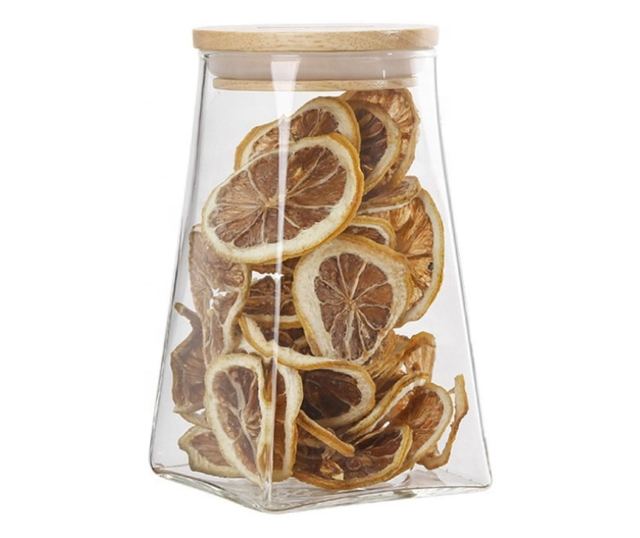 Recipient cu capac bambus Quasar & Co.®, 900 ml, borcan de sticla cu capac etans, piramidal, transparent