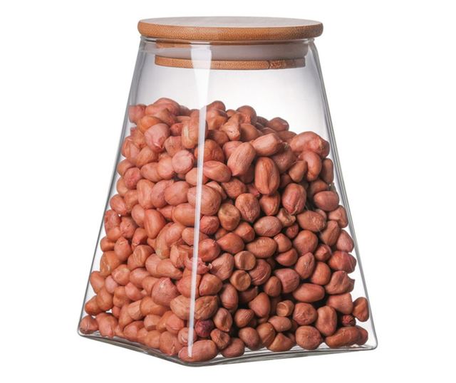 Recipient cu capac bambus Quasar & Co.®, 900 ml, borcan de sticla cu capac etans, piramidal, transparent