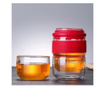 Set ceai Quasar & Co.® din sticla si silicon, ceainic 180 ml, 2 cesti x 100 ml si husa hard case, set picnic/camping, rosu