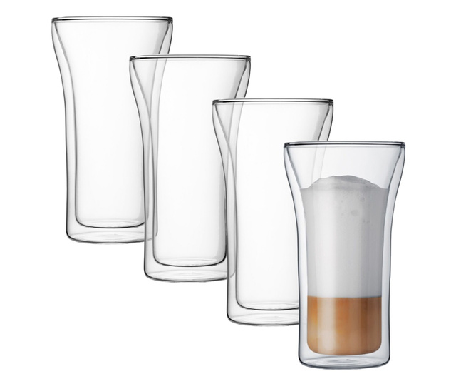 Set 4 pahare cu pereti dubli, Quasar & Co., 400 ml, pahar cafea/latte macchiato, sticla termorezistenta, transparent