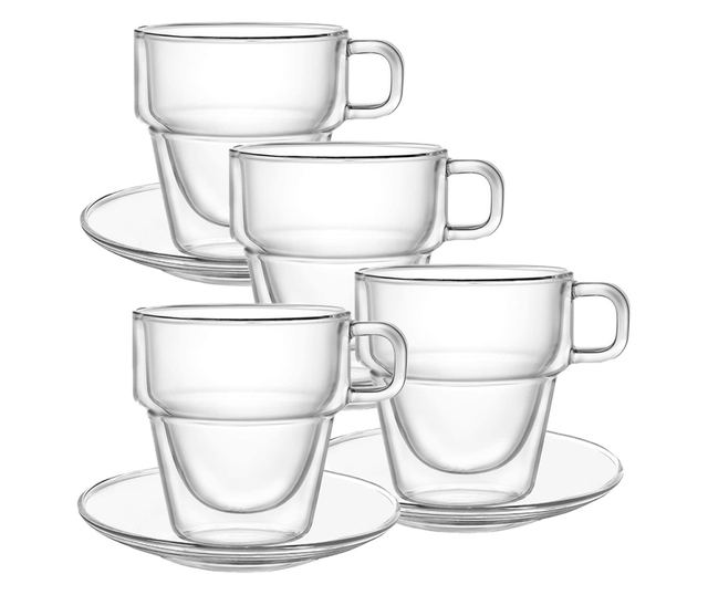 Set 4 cesti si 4 farfurioare, Quasar & Co., cana 250 ml cu pereti dubli, farfurioara 10.5 cm, termorezistenta, transparent