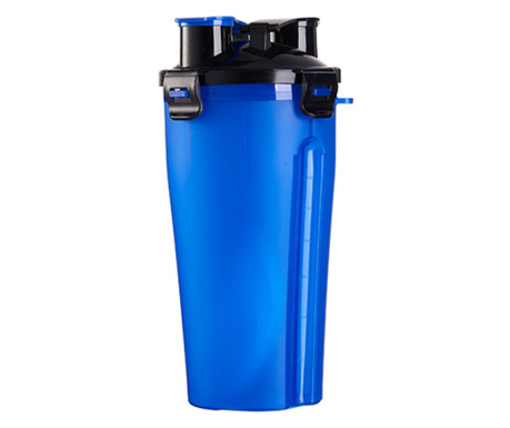 Shaker gradat cu 2 compartimente, Quasar & Co., 800 ml, forma ergonomica, cu 2 site, fara BPA si DEHP, plastic, albastru