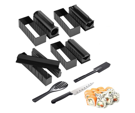 Set preparare sushi 11 piese, Quasar & Co.®, 2 spatule, 8 forme diferite si cutit , plastic, negru