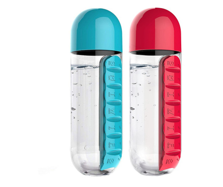 Set 2 sticle cu organizator pentru medicamente, Quasar & Co.®, fara BPA, portabile, cu dozatoare saptamanale, tritan, 600 ml, ro