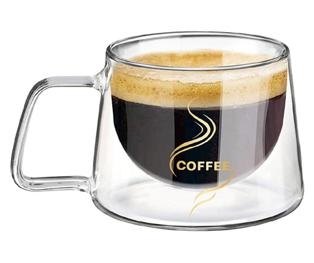 Ceasca cafea 200 ml, din sticla cu pereti dubli, Quasar & Co.®, termorezistenta, mesaj COFFEE, Ø 7.8 x h 7 cm