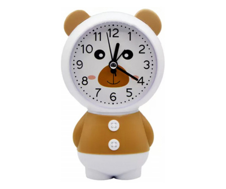 Ceas de masa desteptator pentru copii Pufo, model Ursuletul Zambarici, 16 cm, alb/maro