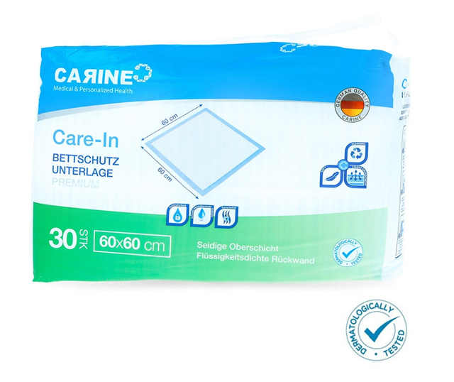 Set 30 buc aleze igienice premium Carine, 60x60 cm, absorbtie ridicata, testate dermatologic, dispozitiv medical