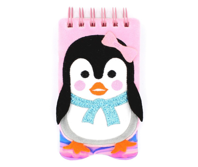 Carnețel roz 3D Pinguin cu fundiță și eșarfă 80 pagini