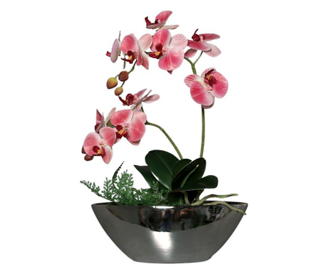 Orhidee artificiala roz in vas ceramic argintiu 40 cm