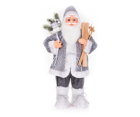 Karácsonyi dekoráció, Mikulás sílécekkel és ajándékokkal, szürke és fehér bolyhos, 46 cm