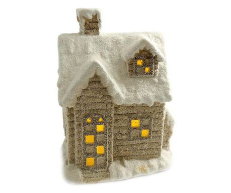 Téli dekoráció, kerámia, világos ablakú ház, fehér és bézs, LED, 3xAAA, 25x18x36 cm
