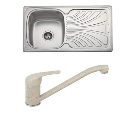 Кухненска мивка EcoSink Калио, С включен смесител Ferro Freya Sand, 86x50x18, За вграждане, Спрей-душ функция, Анти-абразивно по